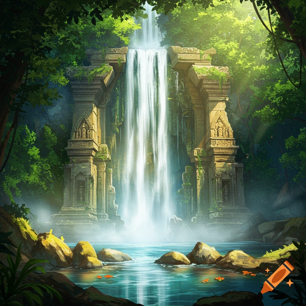 A waterfall cascades over ancient temple ruins, nestled in a dense forest with large rocks in the foreground pool.