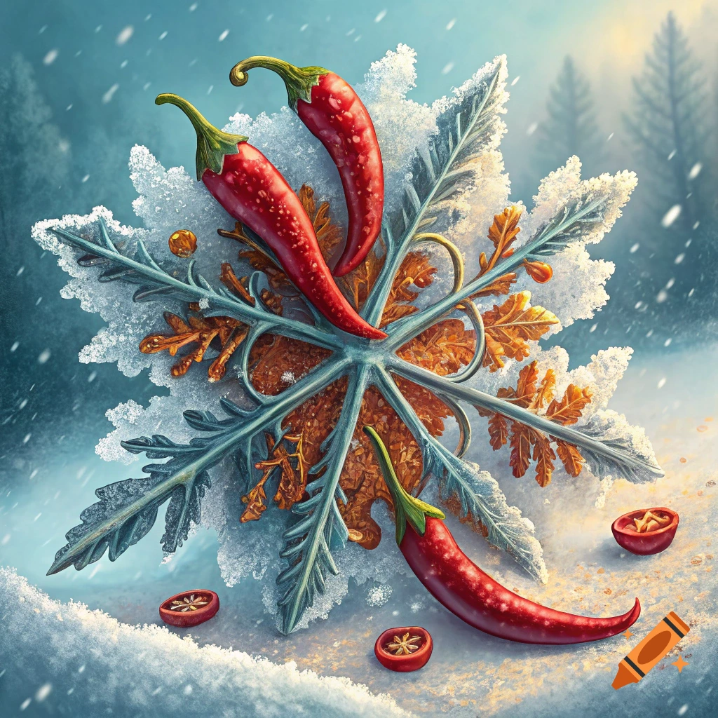 Red chili peppers on a large icy snowflake in a snowy winter landscape with oak leaves.