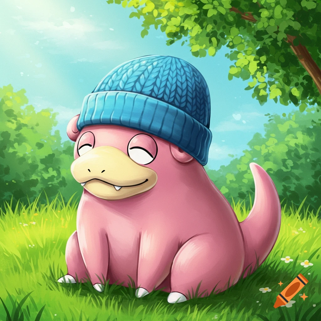 A pink Slowpoke wearing a blue beanie sits in green grass.