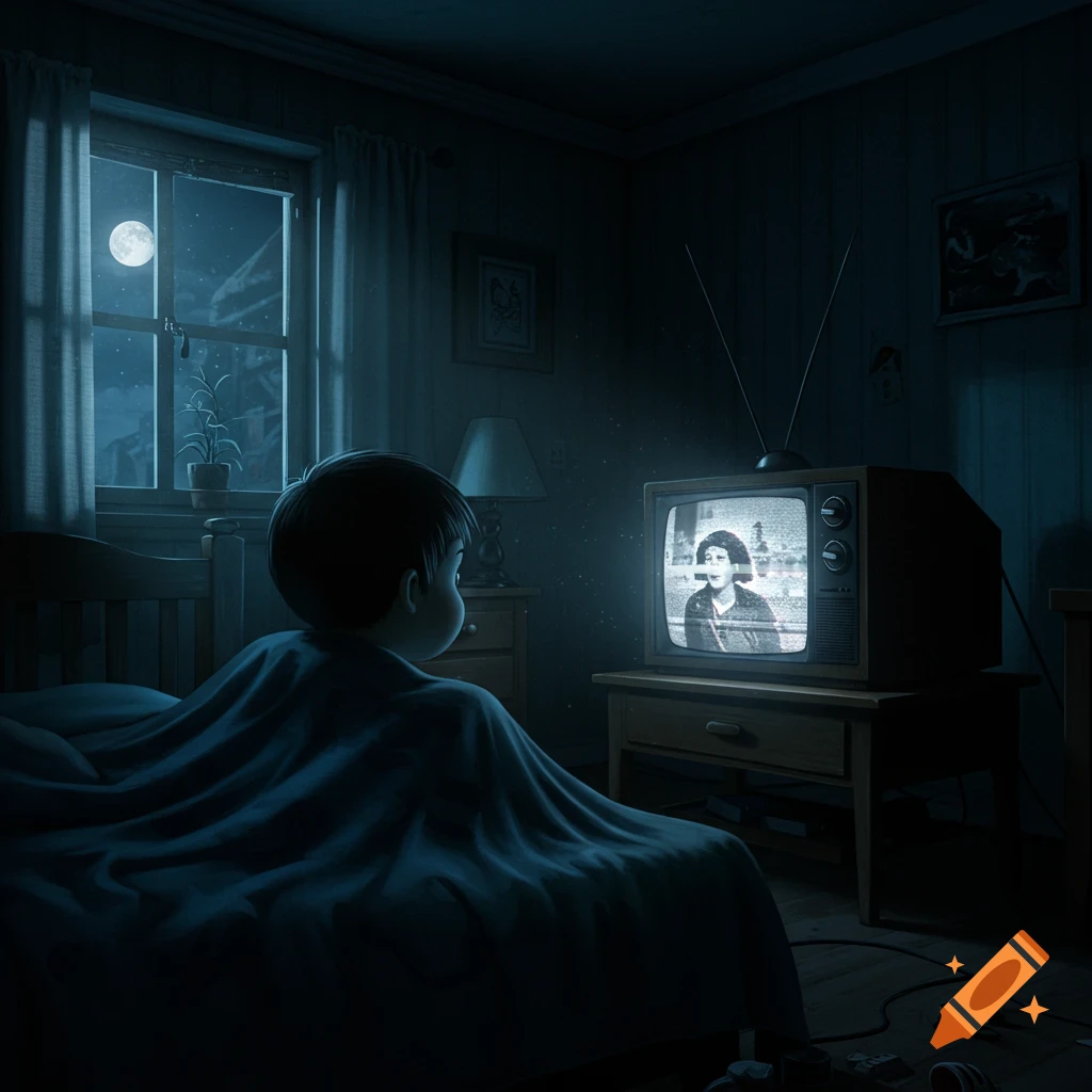 Illustration of a child watching static on a television screen in a dark bedroom at night.