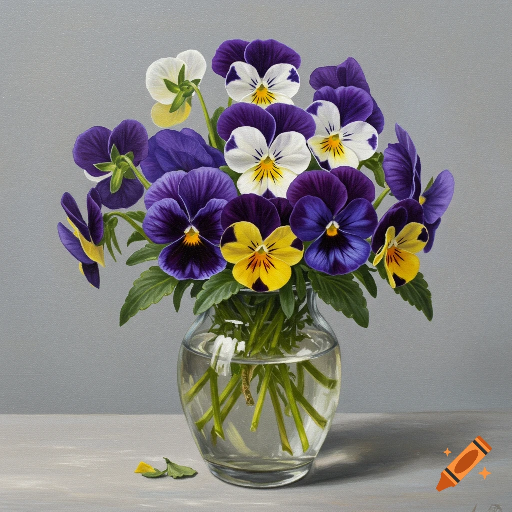 Still life painting of purple, white, and yellow pansies in a glass vase on a table.
