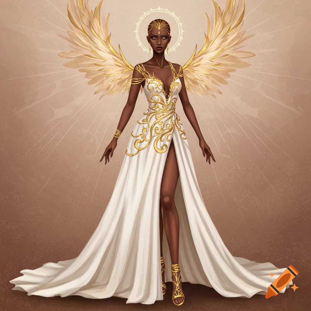 An angel with golden wings and halo wearing a white and gold dress.