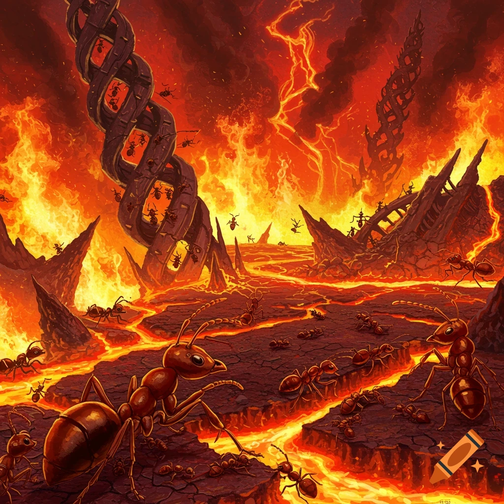 Ants in a hellish landscape with fire, lava, and strange structures.