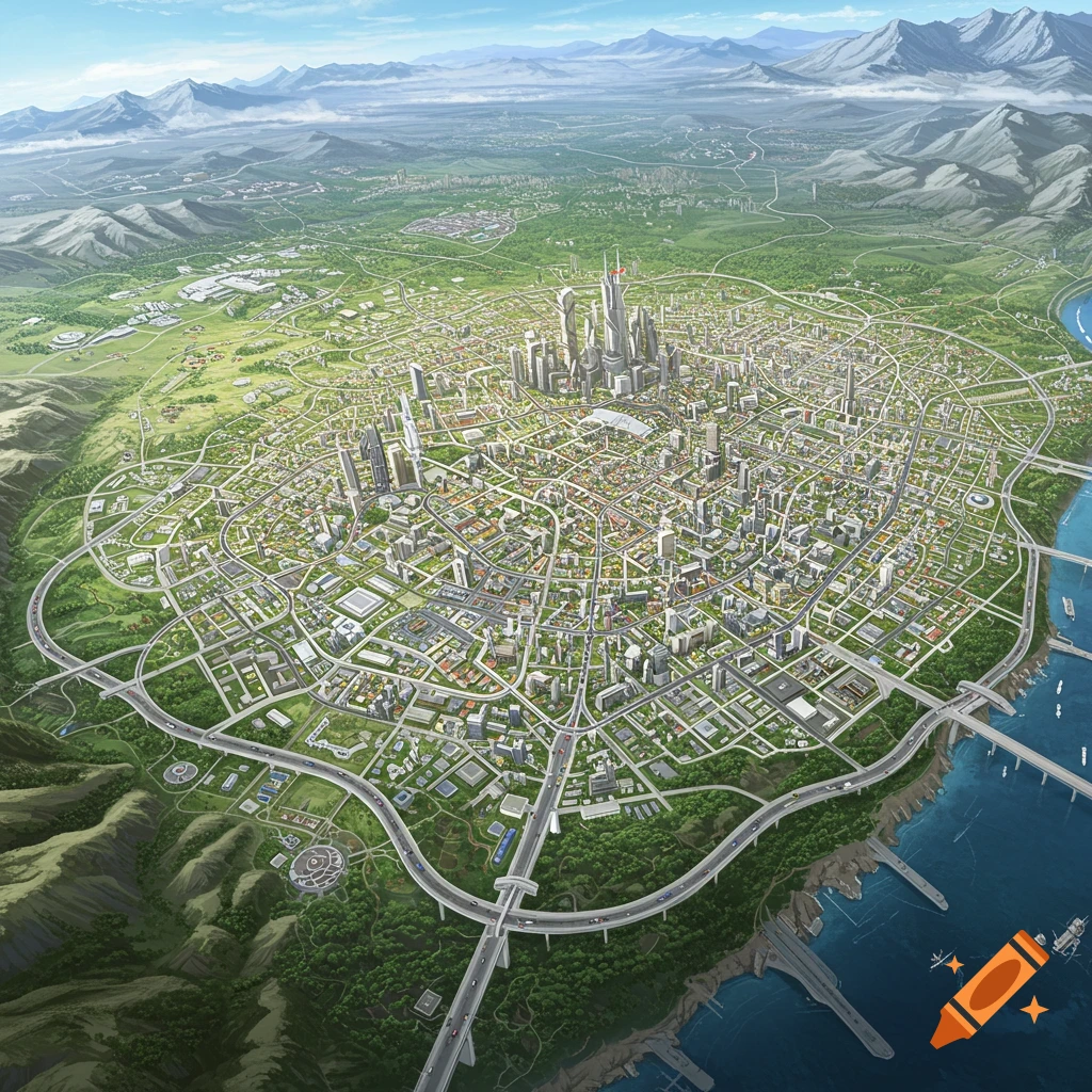 A detailed image of a sprawling fictional metropolis from a bird's-eye view.