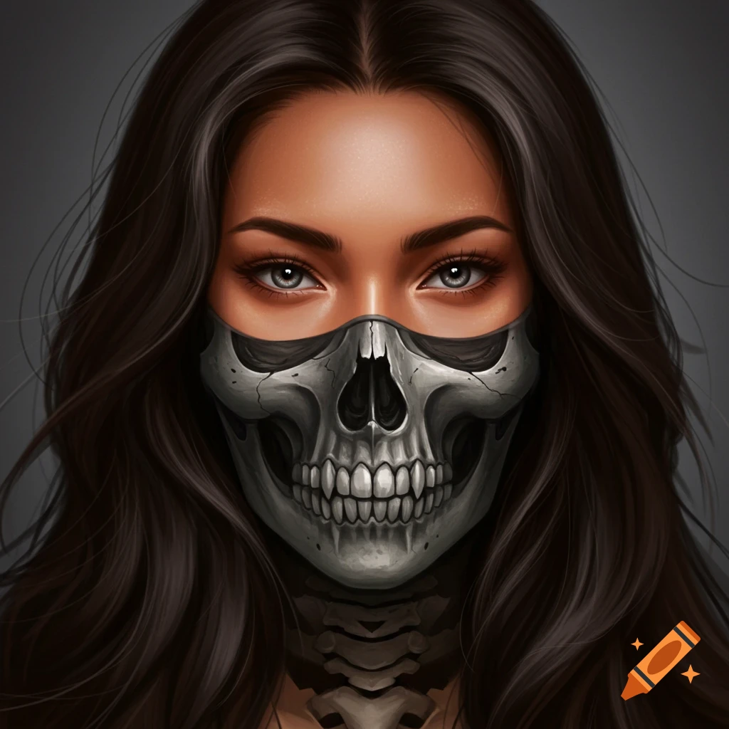Portrait of a woman with long dark hair and a skull mask covering her lower face.