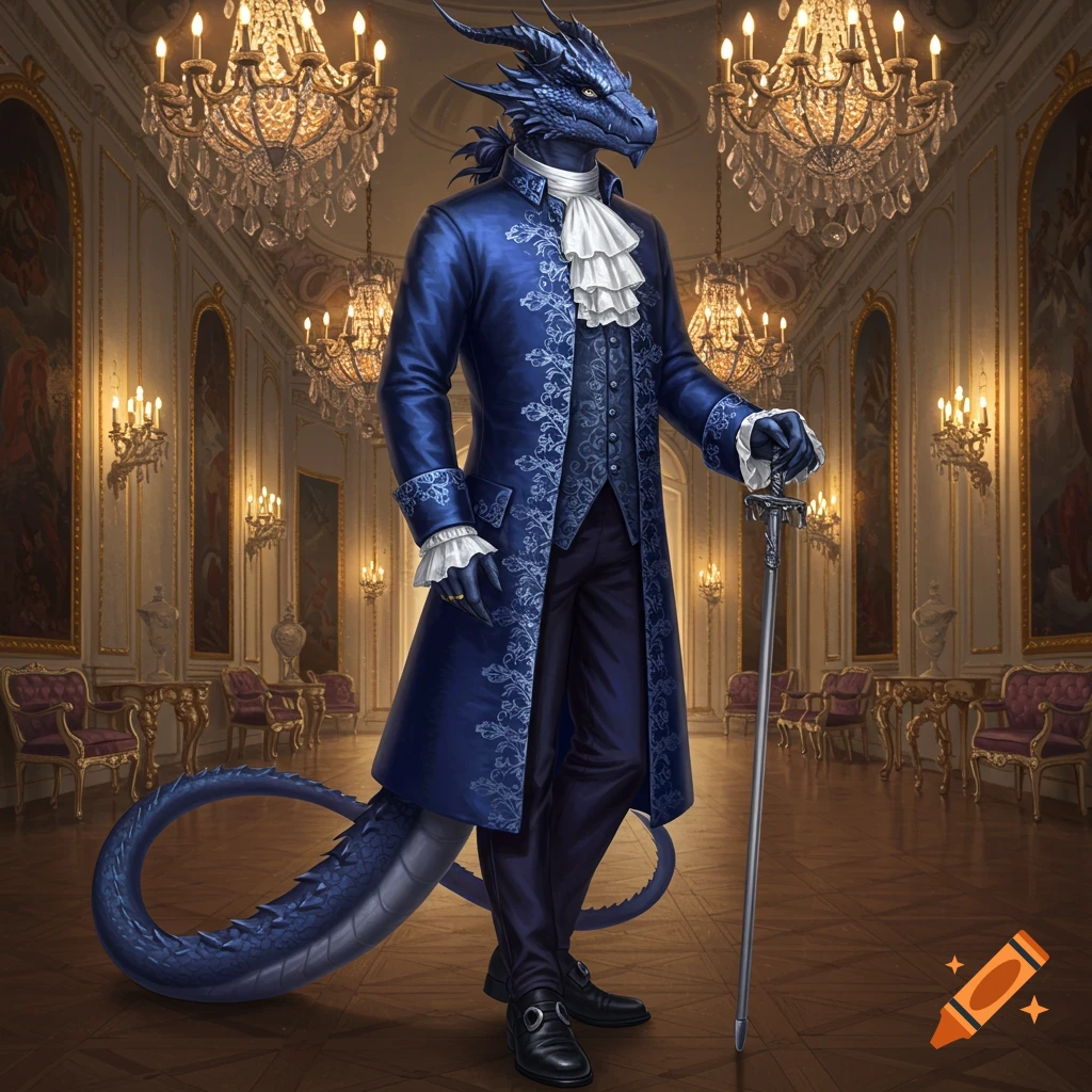 A dragonborn noble in a blue coat stands in a lavish ballroom holding a cane.