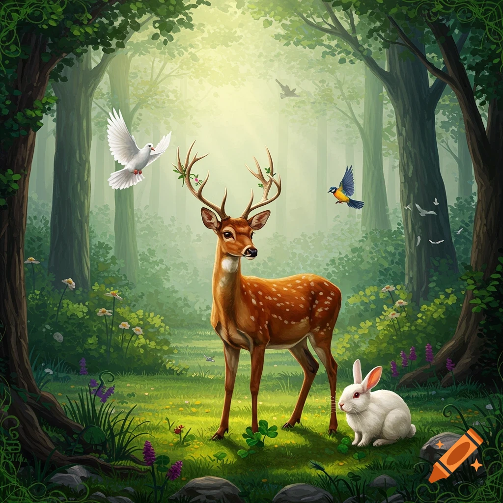 A deer and rabbit stand in a sunny fantasy forest with doves and a blue bird flying around.