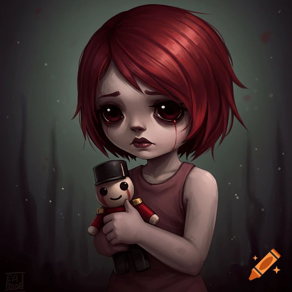 A stylized image of a sad girl with red hair, dark eyes crying red tears, holding a toy soldier.