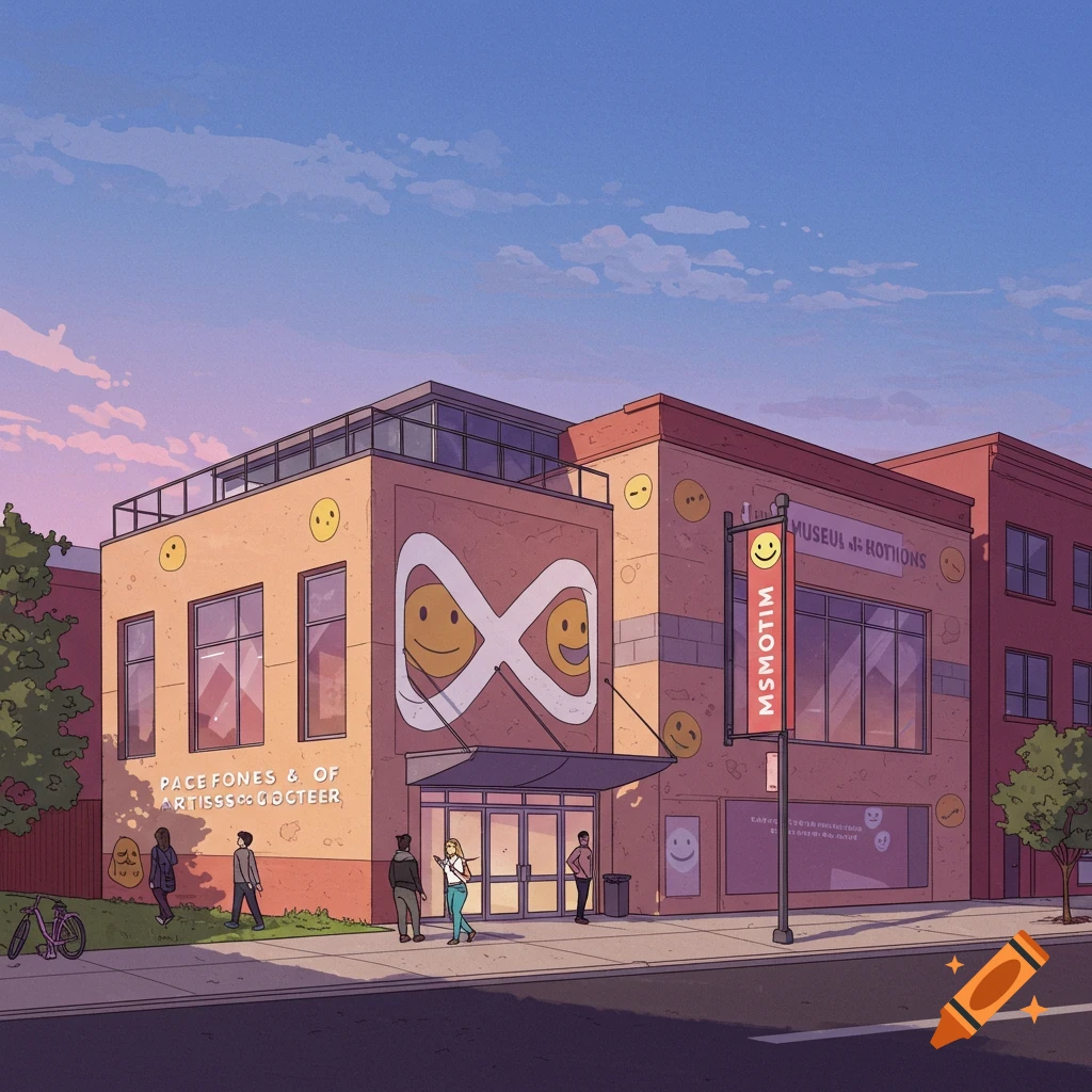 A museum building with an infinity symbol, smiley faces, and people outside.
