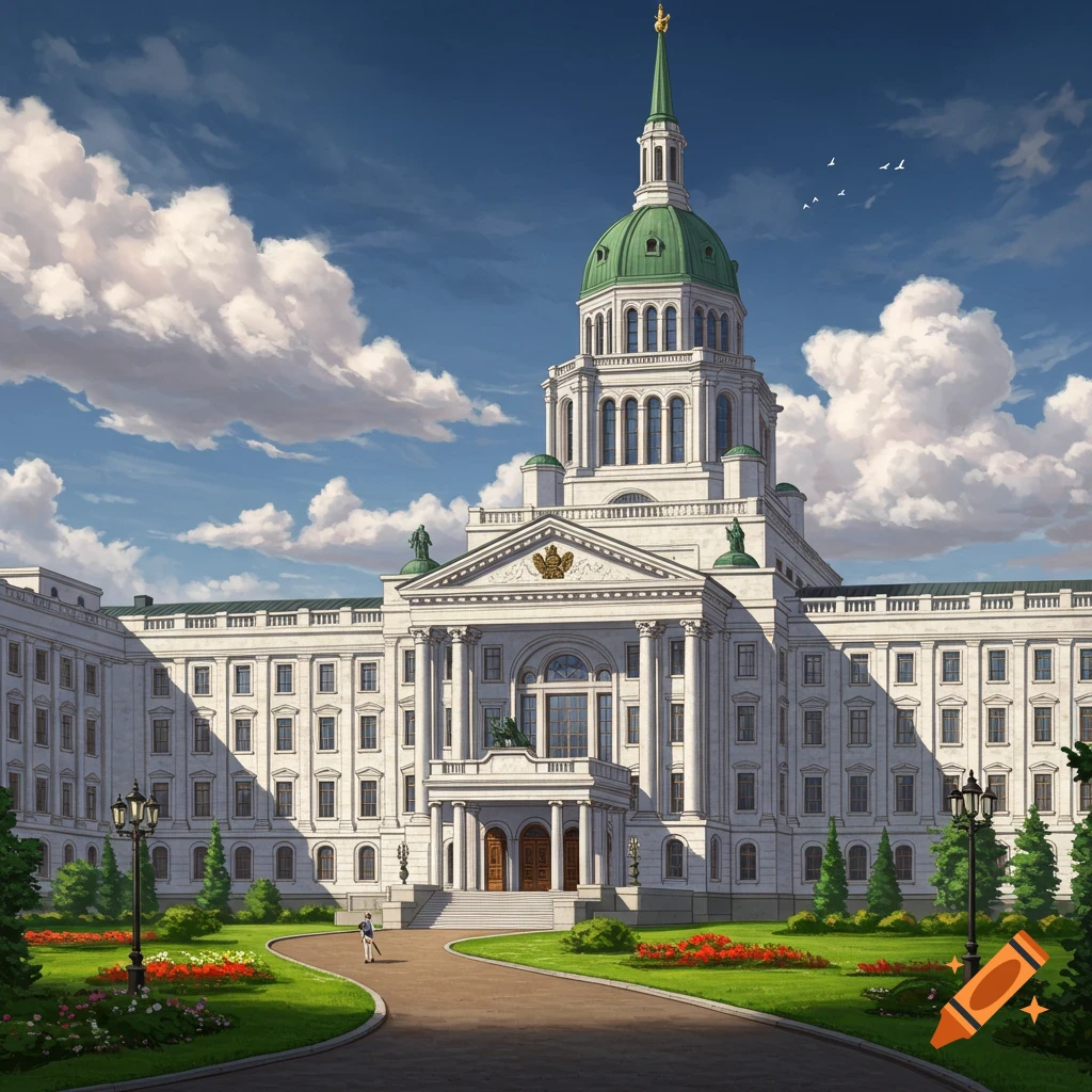A grand white government building with a green dome and pillars, set in a landscaped garden under a cloudy sky.