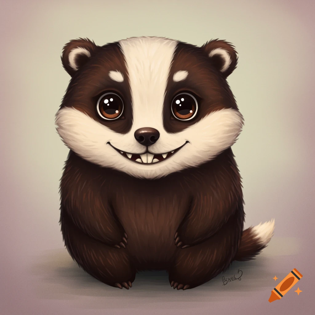 A cute cartoon badger with big eyes and a toothy grin sits looking forward.