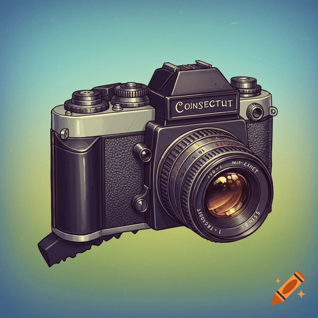 A vintage camera against a gradient background.