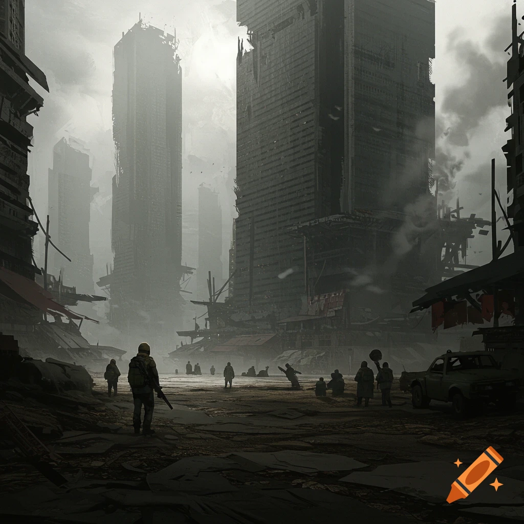 A dystopian cityscape with ruined buildings, dust, and figures in a street.
