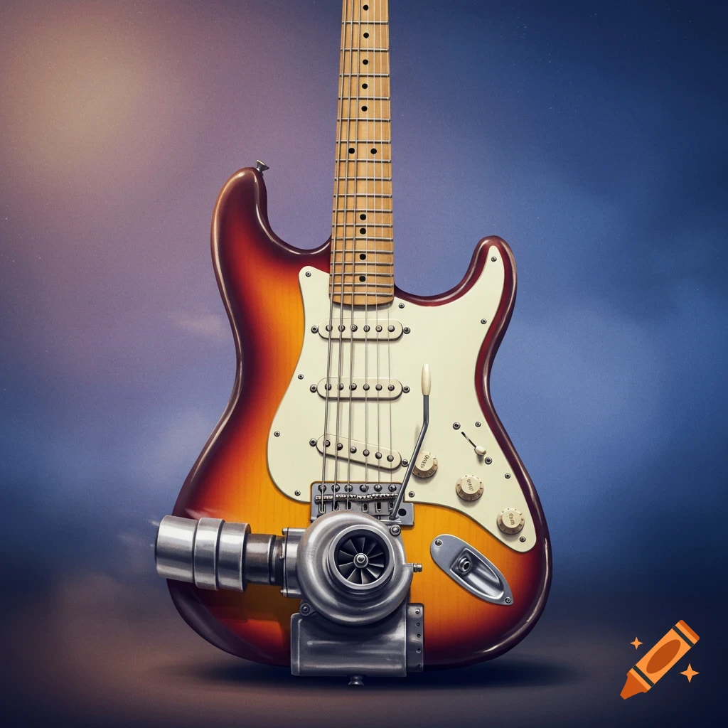 Fender Stratocaster guitar with a large turbocharger attached to it.