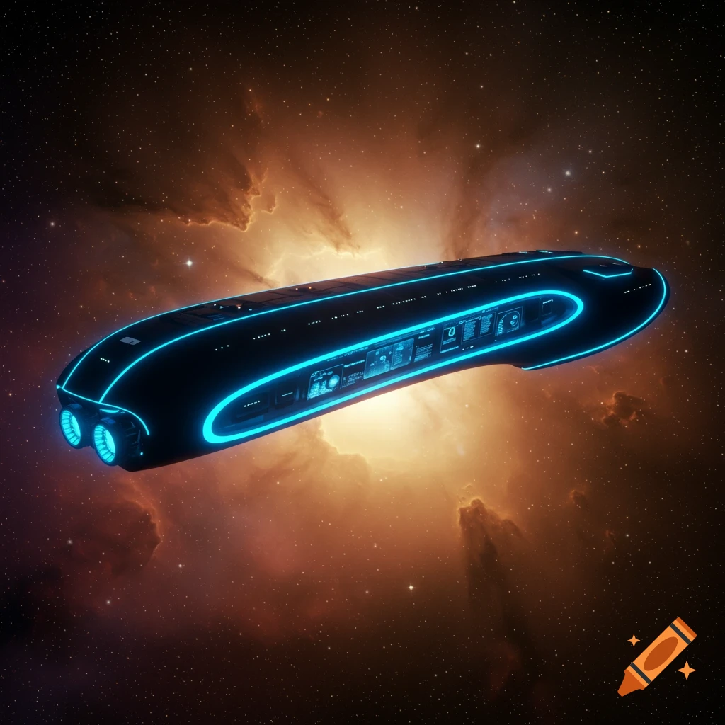 High tech sci-fi luxury spaceship flying through a nebula