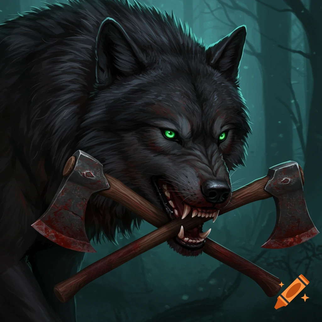 A black wolf with glowing green eyes holds two bloody axes in its mouth.