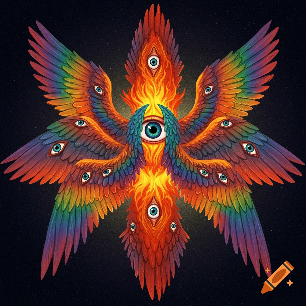 Illustration of a six-winged seraphim covered in eyes. It has a fiery core and rainbow-colored wings against a dark, starry background.