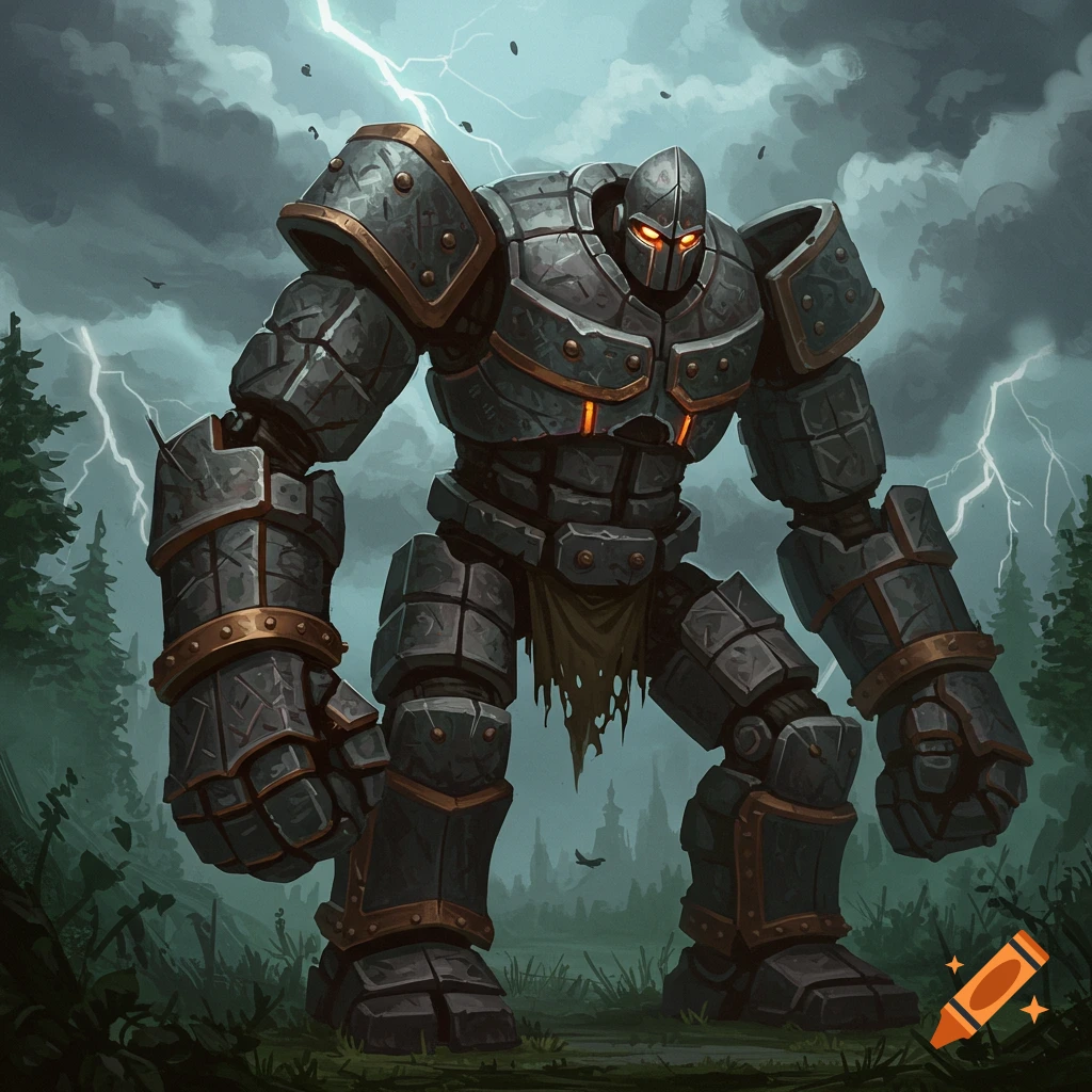 A large stone golem stands in a stormy forest with lightning.