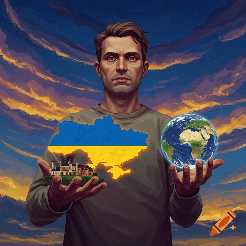 A man holds a map of Ukraine in one hand and the Earth in the other under a dramatic sky.