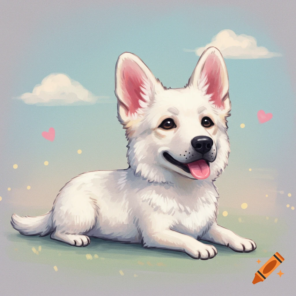 A white dog is lying down and smiling, with hearts and clouds in the background.