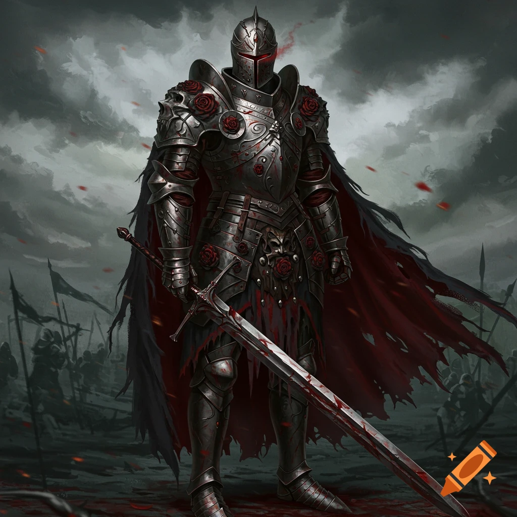 A dark knight in rose-adorned, bloody armor stands on a battlefield under a stormy sky, holding a sword.