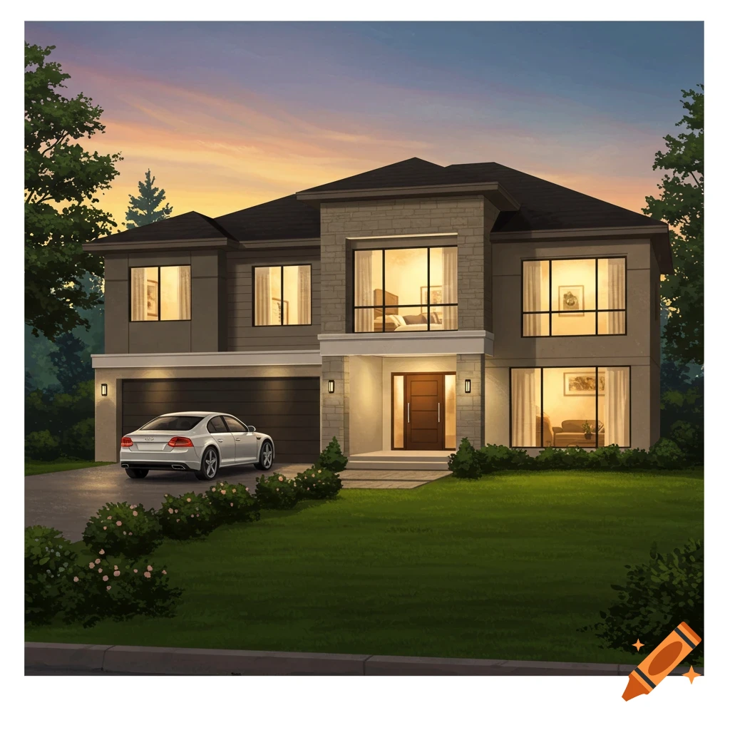 A modern house with a car in the driveway at sunset.