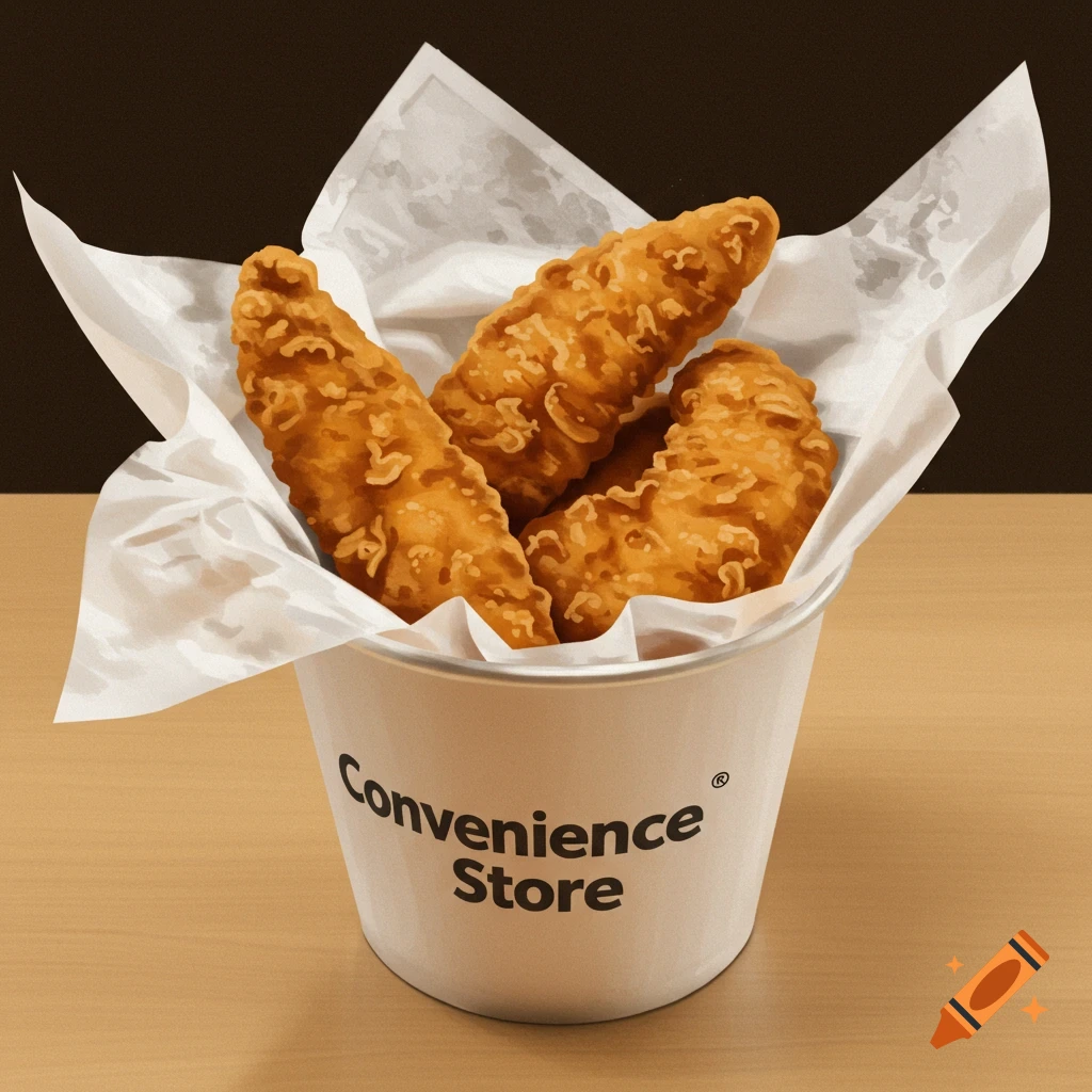 Picture of chicken tenders in a bucket that says Convenience Store