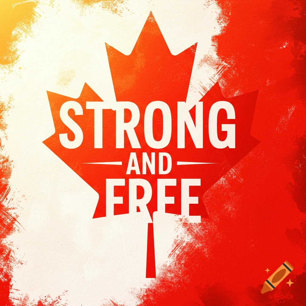 Graphic design with white text 'Strong and Free' on a red maple leaf shape, set against a red and white brushstroke background.