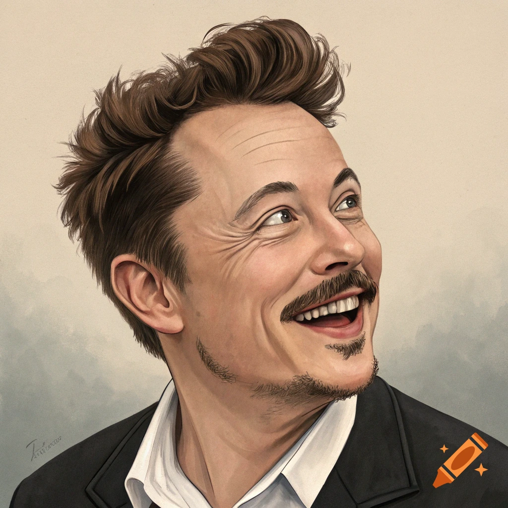 Caricature portrait of Elon Musk laughing and looking up