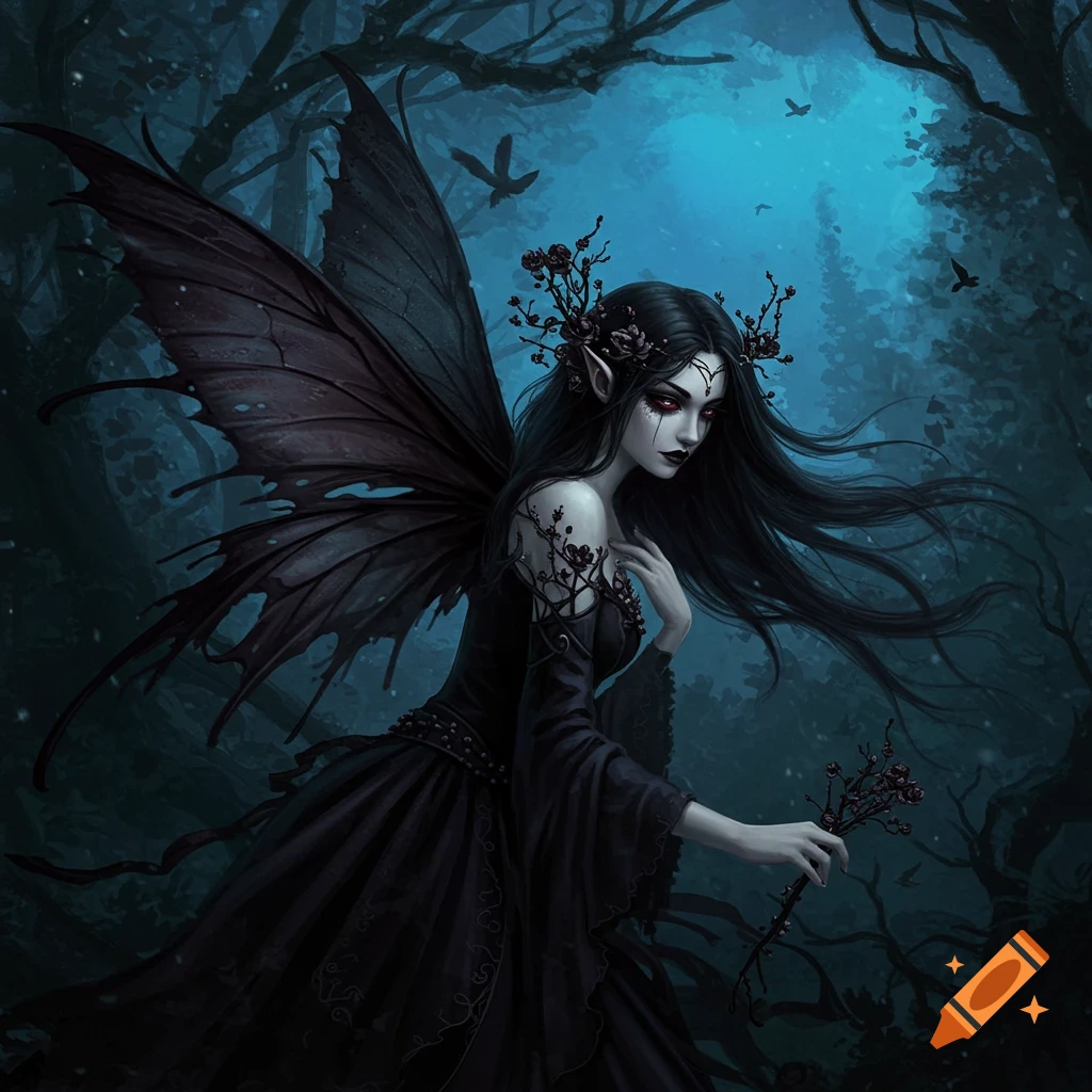 A Gothic fairy with dark wings in a forest