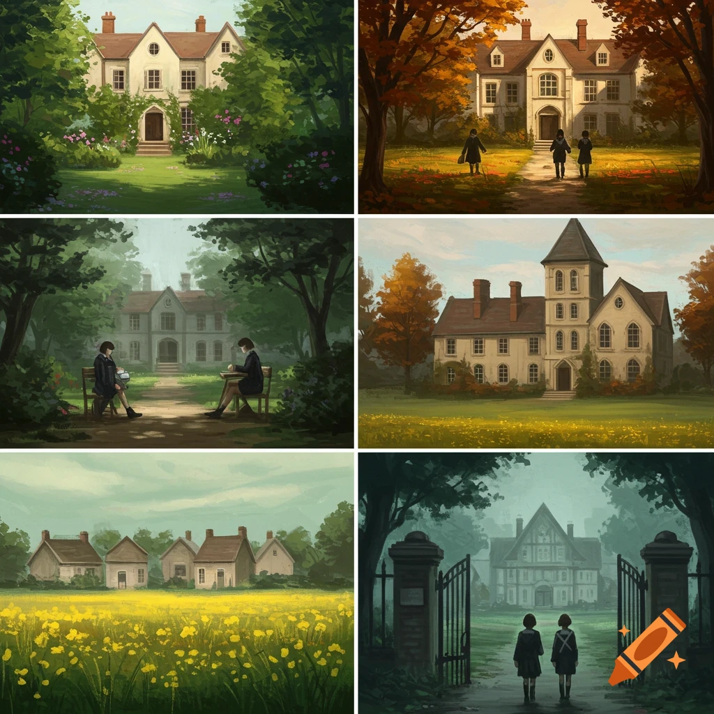 Illustrations of houses and landscapes with people in a stylized manner.