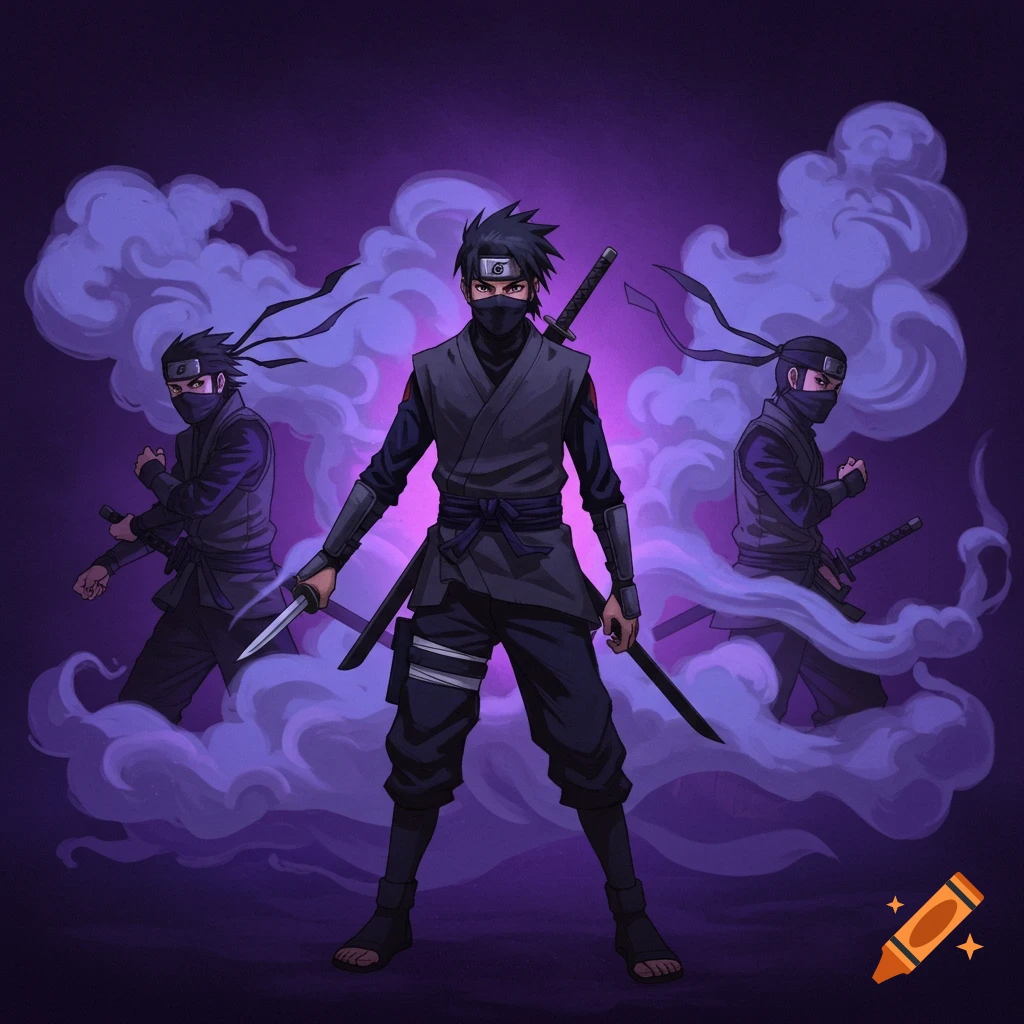 Three ninjas stand in purple smoke.