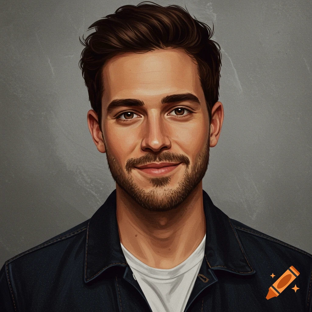 A portrait of a man with brown hair and beard wearing a denim jacket.