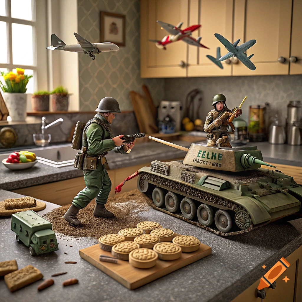 Toy soldiers, tanks, and planes battle on a kitchen counter amidst food.