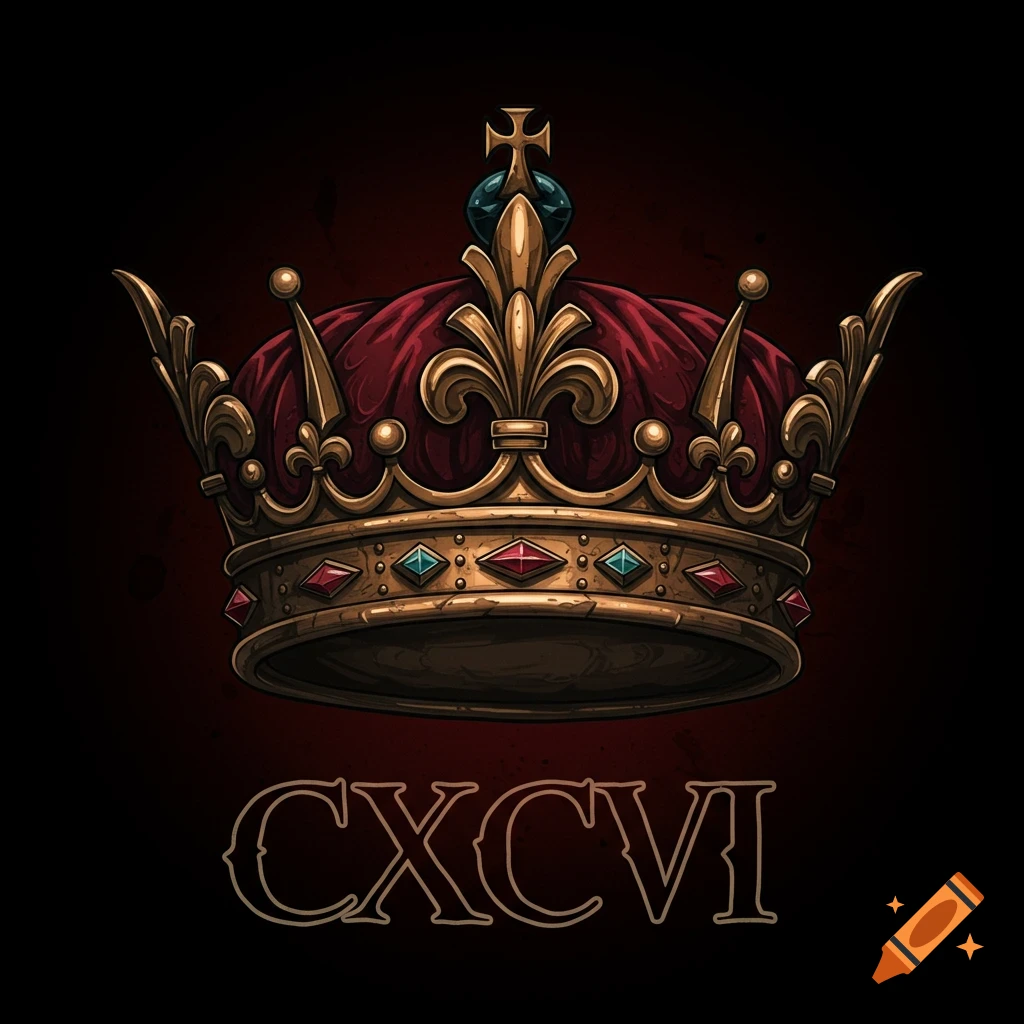A detailed golden and red crown with red velvet and gems, with the Roman numerals CXCVI below it.