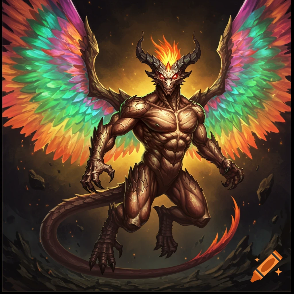 A muscular demon-like creature with large rainbow wings and horns stands in a fiery, rocky environment.