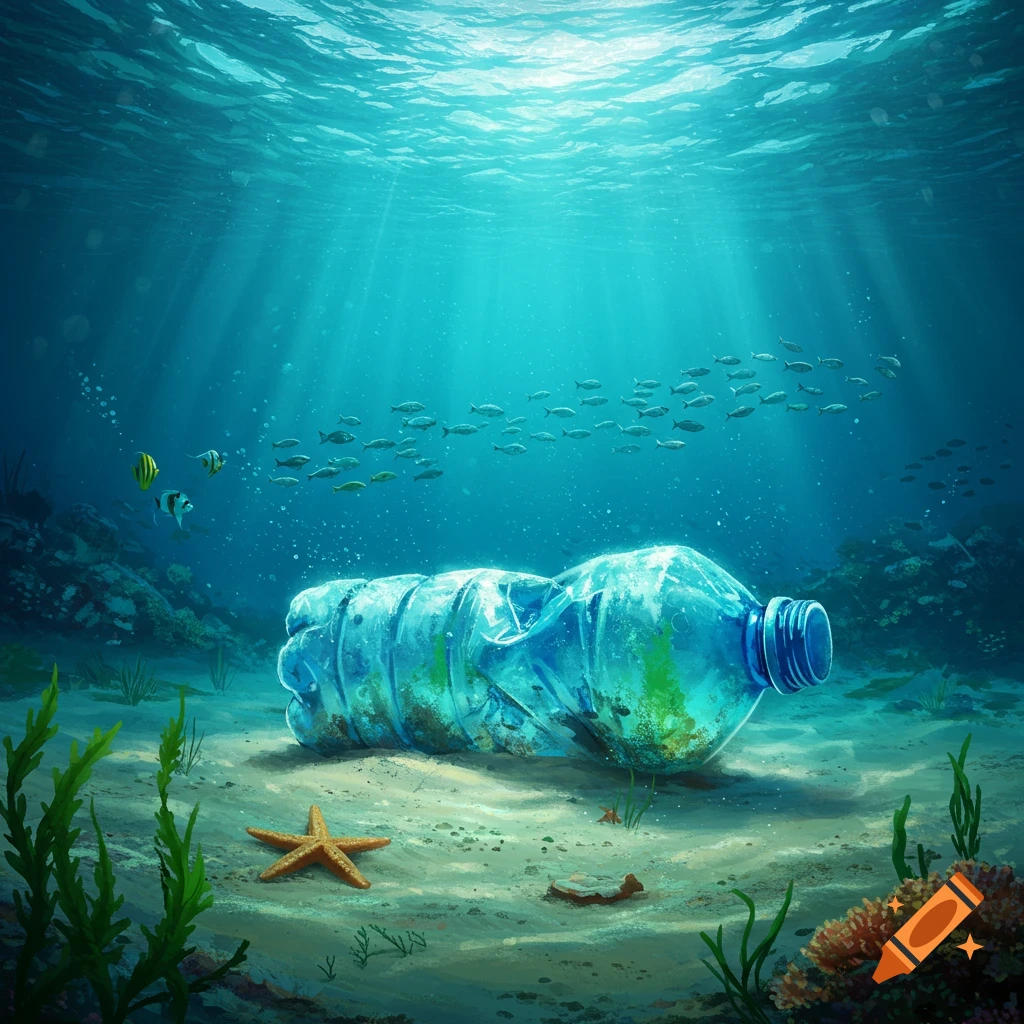 A plastic bottle lies on the ocean floor, surrounded by fish and illuminated by sunlight filtering through the water.