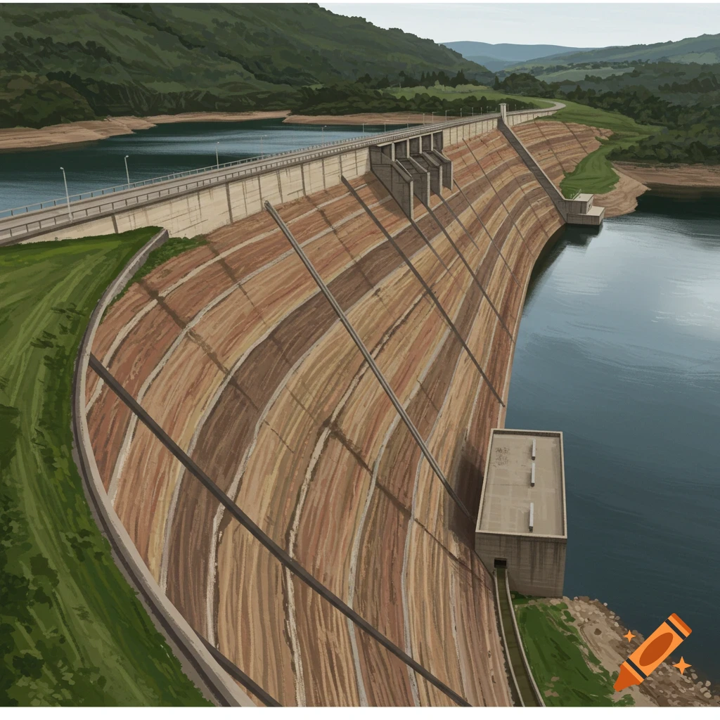 A large earth dam with a reservoir and surrounding hills.