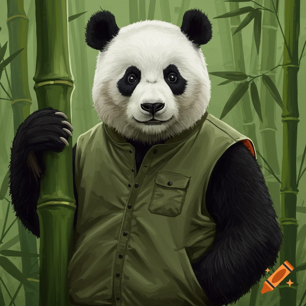 Panda wearing a green vest, standing in a bamboo forest.