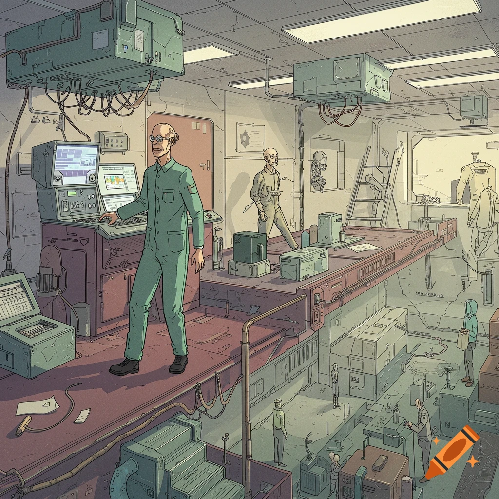 Stylized illustration of a retro sci-fi laboratory with scientists and equipment.