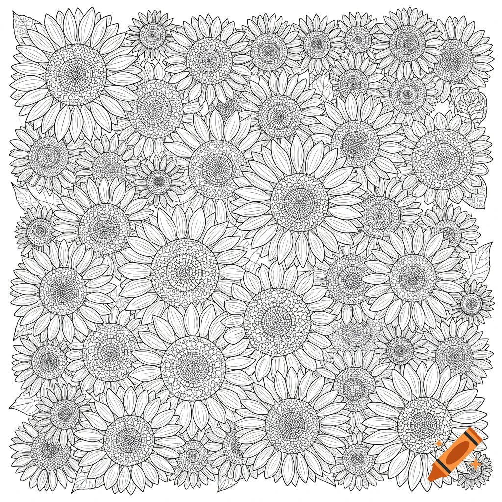 A detailed black and white line drawing of many overlapping sunflowers, suitable for coloring.