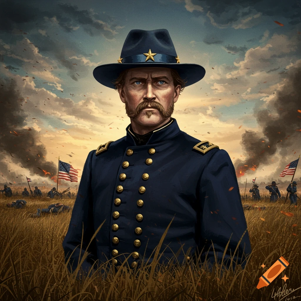 A Civil War Union General stands in a field with a battle raging in the background.
