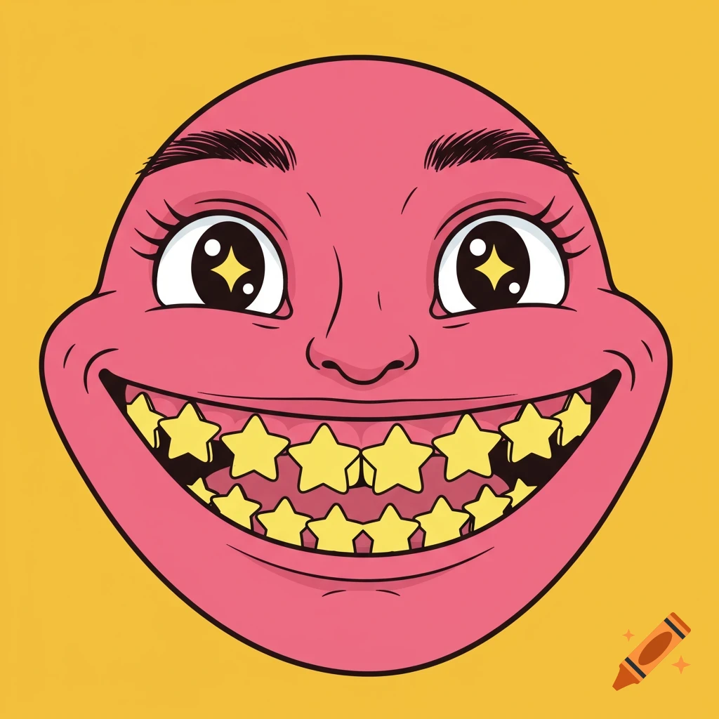 A cartoon illustration of a face with pink skin, wide eyes, and a large smile showing rows of yellow stars instead of teeth, on a yellow background.