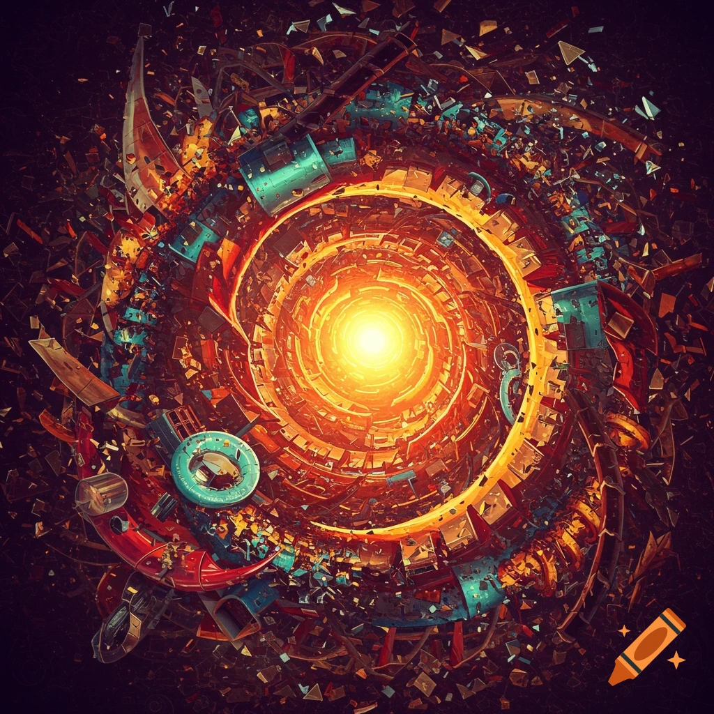 Chaotic spiral of abstract mechanical debris collapsing towards a bright light, digital art.