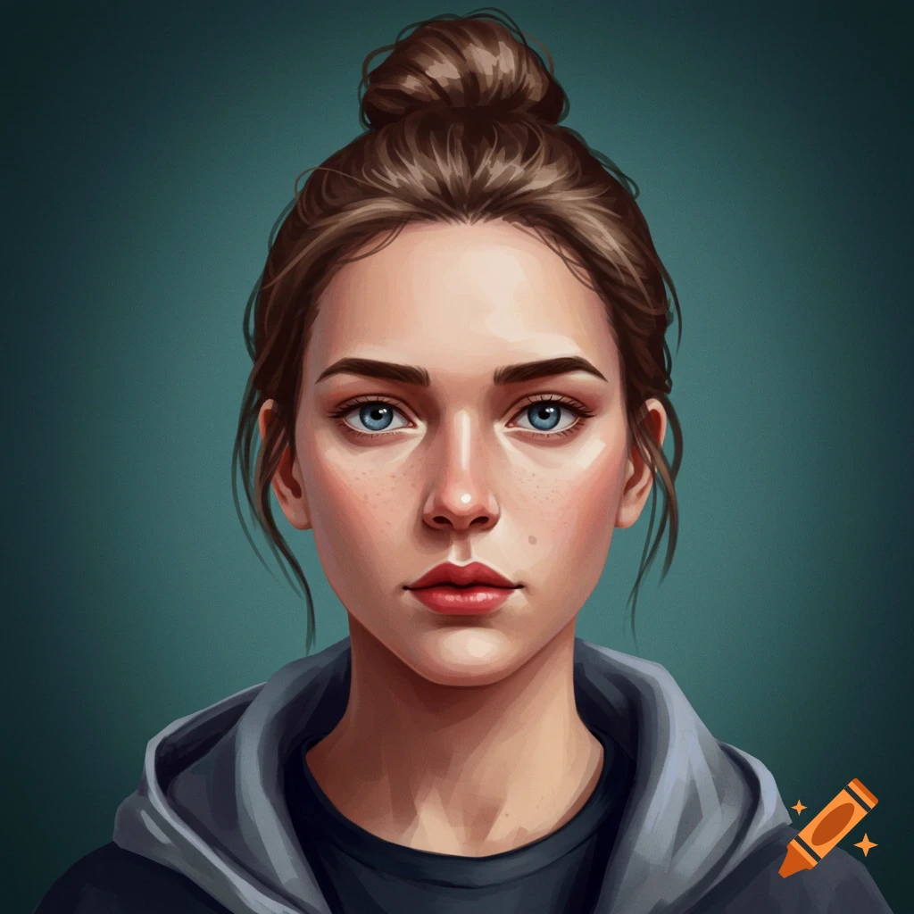 A portrait of a woman with a bun, blue eyes, and a grey hoodie.
