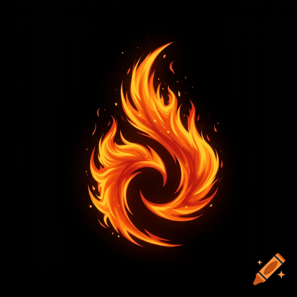 Stylized depiction of a swirling fire symbol
