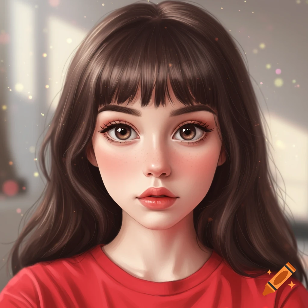 Stylized portrait of a girl with dark hair, big brown eyes, and a red shirt.