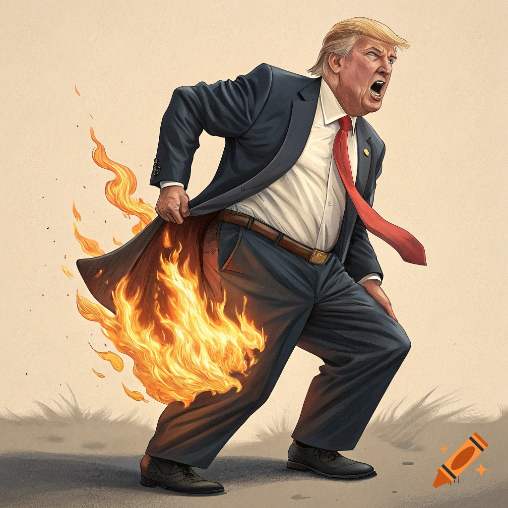 Illustration of a caricature of Donald Trump with his pants on fire, looking distressed.