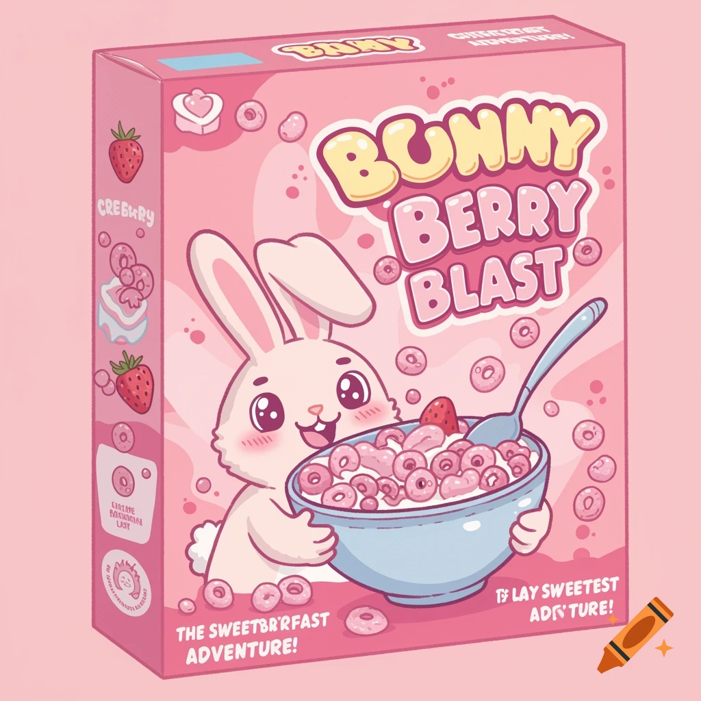 A bright cartoon image of a pink cereal box featuring a bunny holding a bowl of Bunny Berry Blast cereal.
