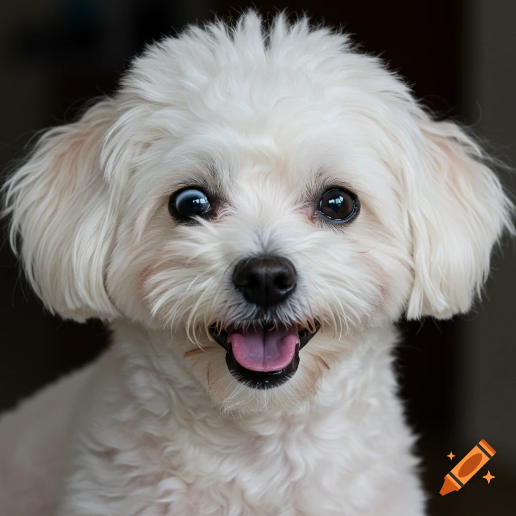 Close-up photo of a white dog's face with a happy expression
